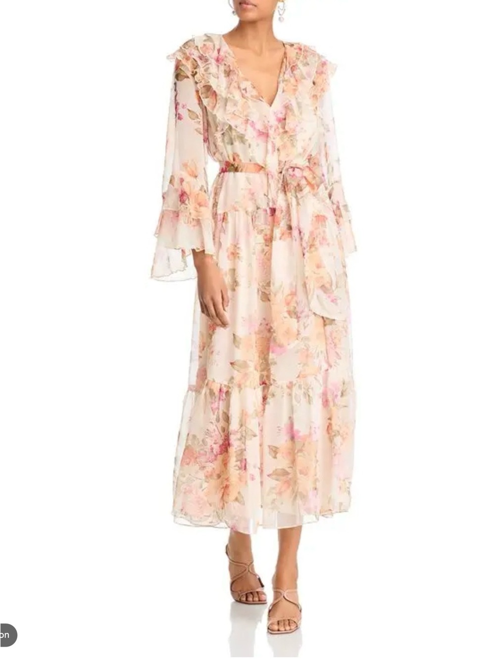 Aqua Cream Floral Ruffle Tie-Waist Maxi Dress